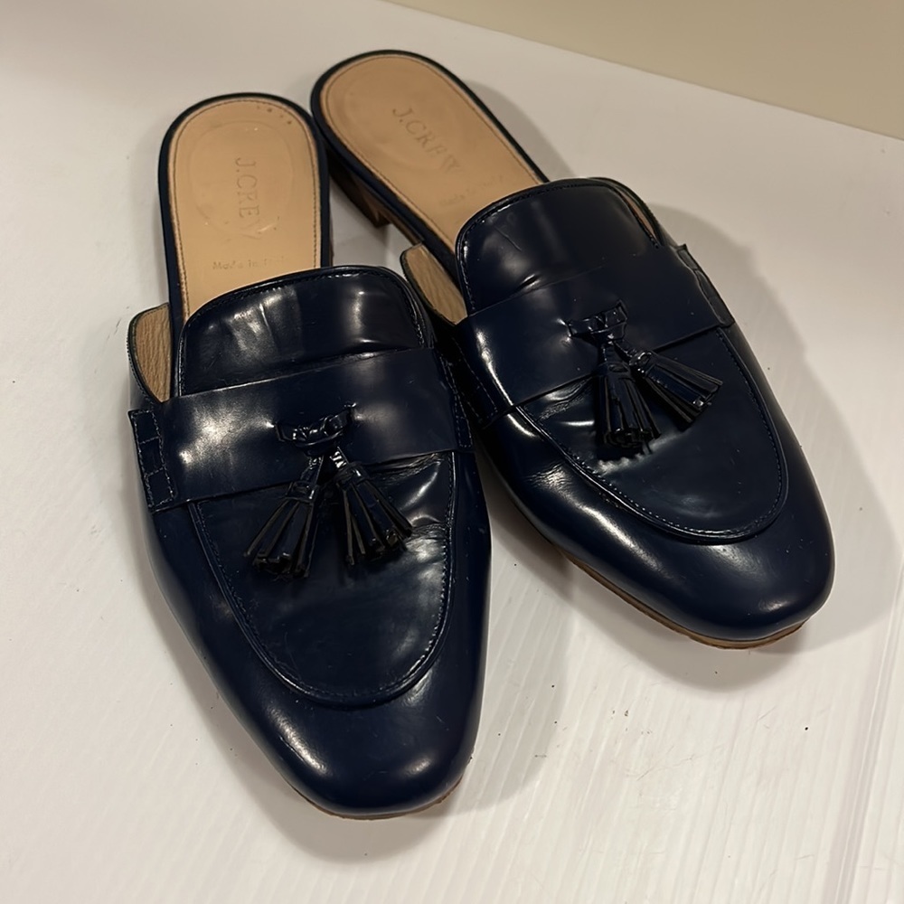 J Crew Leather Patent Navy Mules Loafers with Tassel size 9.5 - gently used - Picture 14 of 15